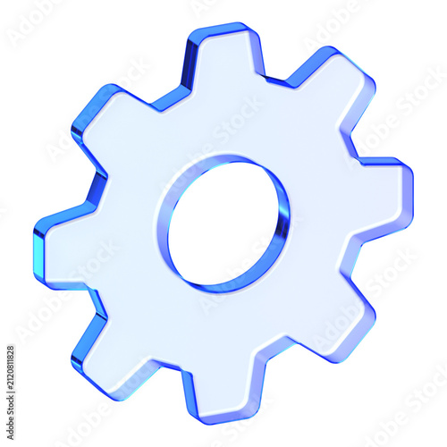 Blue glass gear setting icon in glassmorphism style for system configuration, functional cog tool symbol designed for options setup and technical operations