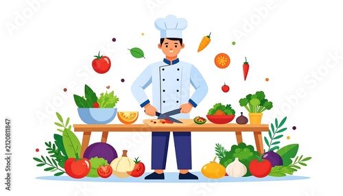 Cheerful cartoon chef celebrating fresh vegetables and fruits.