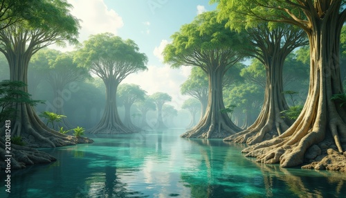 Sunlit mangrove forest with crystal clear water, lush green canopy, tropical swamp, serene wetland, nature wilderness