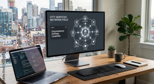 Modern Urban Workspace Featuring City Services Network Field on Monitor