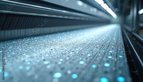 Industrial manufacturing conveyor belt with glowing blue particles, automated production line, precision engineering
