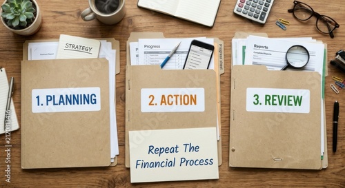 Organized Business Folders with Planning Documents and Office Supplies on Wooden Desk