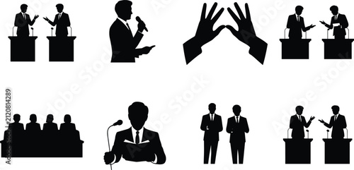 Obraz na płótnie Political debate and public speaking silhouette icon set featuring speakers, pod