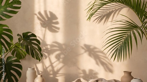 Tropical leaves cast sharp shadows onto a beige wall next to decorative ceramic vases in an interior.