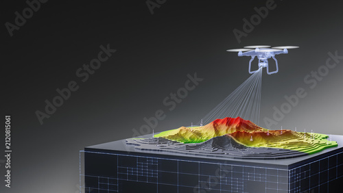 Drone aerial terrain mapping concept, LiDAR scanning elevation model, topographic color map