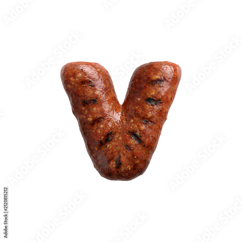 Merguez sausage letter V - Small Barbecue font isolated on white background. Perfect alphabet for creative illustrations related to Barbecue, Grilled meat, oriental cuisine...