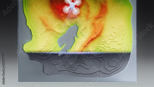 Overhead view of glowing quadcopter drone creating colorful topographic map