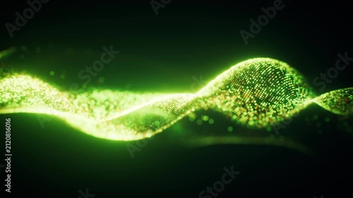 Flowing green wave particles background, 3d rendering.