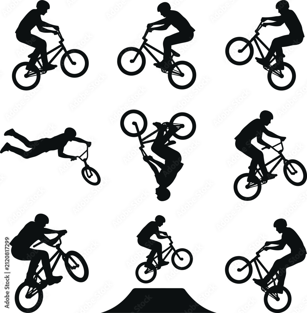 Fototapeta premium Silhouettes of BMX cyclists performing stunts and tricks