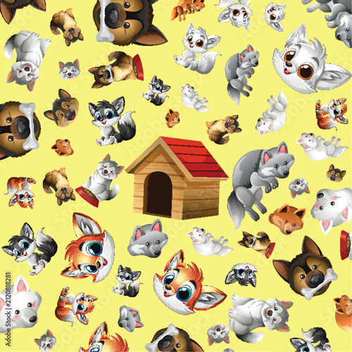 Cartoon Puppy and Doghouse Pattern with German Shepherd and Husky Characters