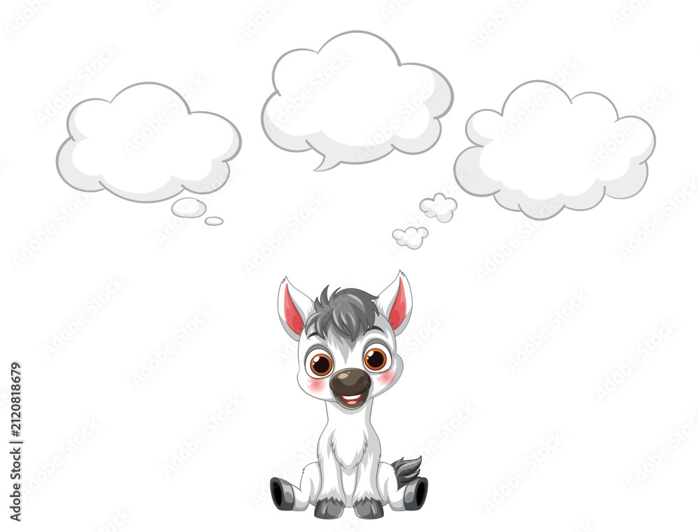 Obraz premium Cartoon Zebra Foal Sitting with Blank Thought Bubbles Vector Illustration