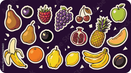 Assorted colorful fruit sticker collection on deep purple background with stickers assorted vitamins colorful pineapple pomegranate nutrition vegetarian collection illustration