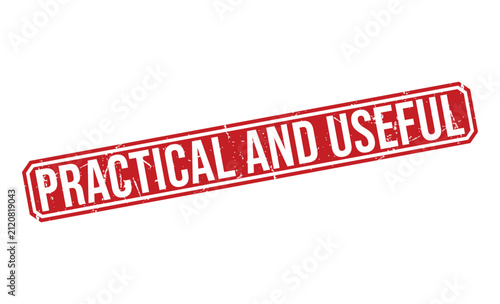A red stamp with the words practical and useful on a white background