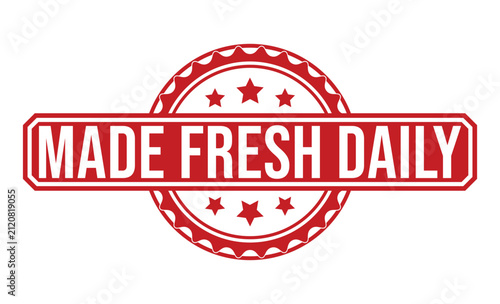 A red Made Fresh Daily stamp with white text and decorative stars on a white background