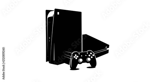 Black console gaming system with controller with silhouette gaming entertainment electronics technology background video white game