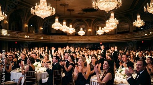 Elegant guests in black tie attire applauding at a formal gala dinner