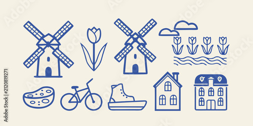 Fotografie Dutch Icons Collection Windmills Tulips Bicycle And Traditional Buildings Blue L