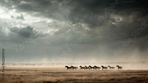 Majestic Herd of Wild Horses Galloping Under Dramatic Cloudy Sky