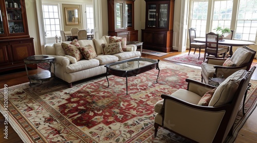Sumptuously Furnished Traditional Living Room with Floral Rug, Rich Wood Paneling, and Sunlit Windows