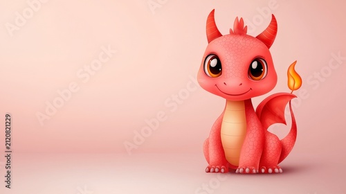 Cute Cartoon Dragon Character with Vibrant Red Color and Expressive Eyes on Soft Pink Background