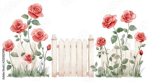 Beautiful watercolor illustration of pink roses with white picket fence and lush green grasses in a garden setting