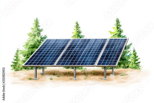 Solar Panels Installed in Green Landscape Surrounded by Trees for Clean Energy Generation