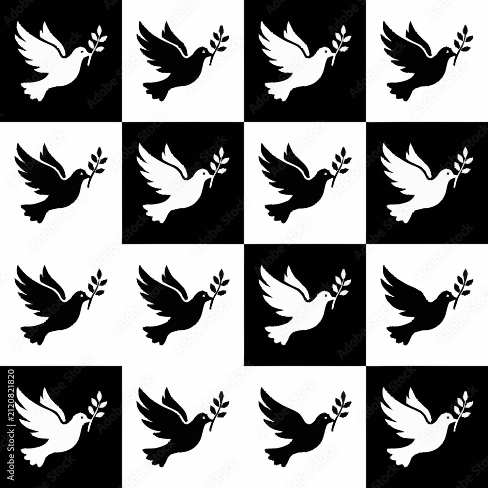 Fototapeta premium Black and white doves with olive branches in pattern.