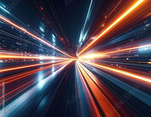A tunnel of light streaks across a dark background, creating a sense of speed and movement.