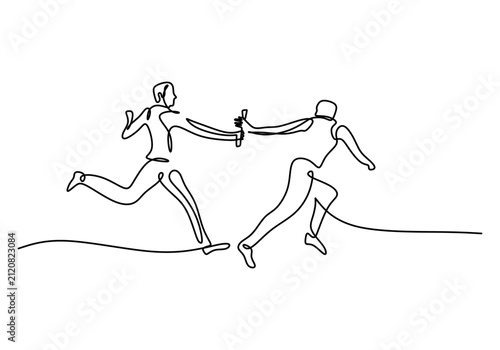 Team passing baton in relay race for teamwork, simple one line drawing.