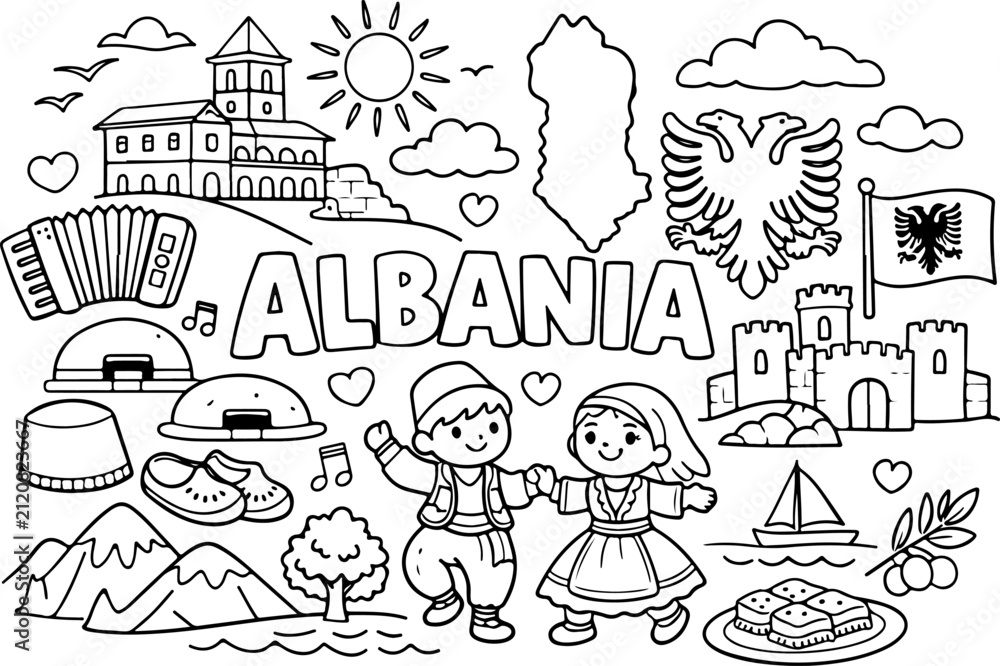Fototapeta premium Albanische Wahrzeichen als Cartoon-Umriss, handgezeichnete Linienkunst-Illustration, Doodle-Kunst-Malvorlage für Kinder