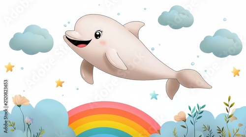 Cute cartoon dolphin jumping in colorful sky with clouds, stars, flowers, and rainbow in a playful layout