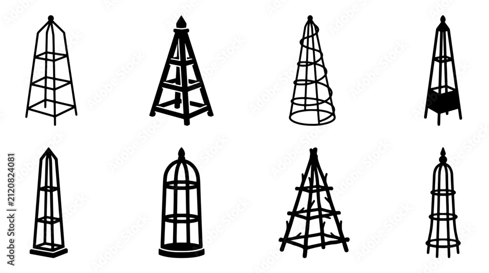 Fototapeta premium Minimalist garden obelisk and plant trellis vector silhouette set. Eight unique structures for climbing roses and vines perfect for landscaping designs, home gardening blogs, catalogs, and posters.