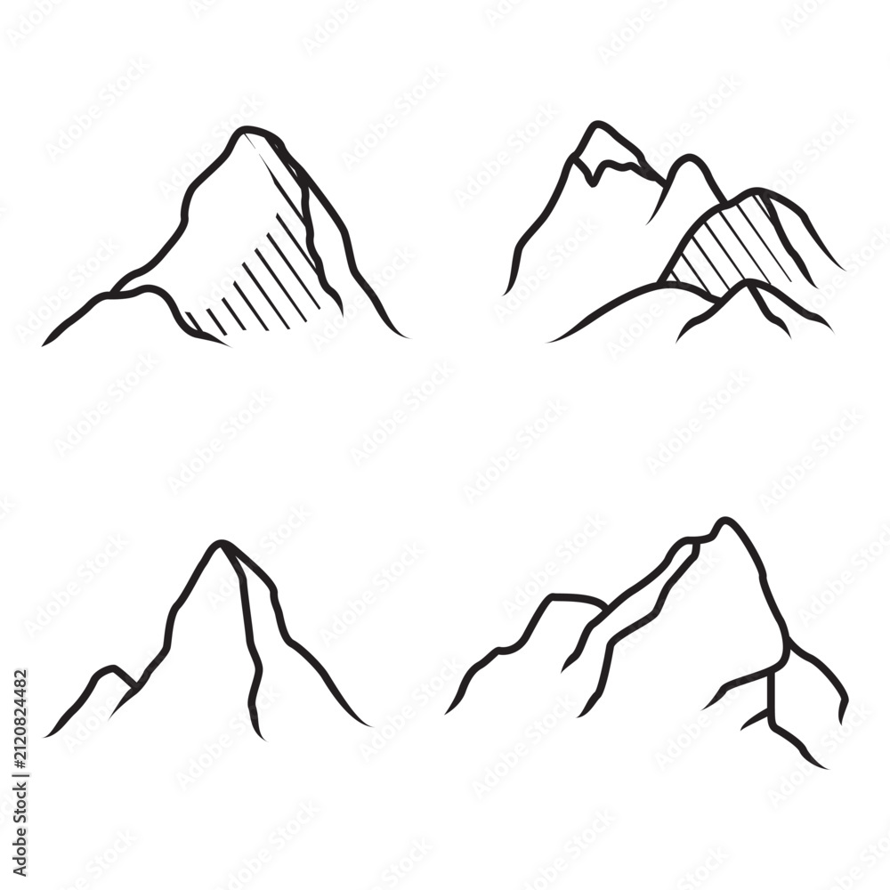 Fototapeta premium Set of Hand Drawn Mountain Icons, Minimalist Black and White Line Art Illustrations for Travel, Adventure, and Outdoor Branding Projects on a Clean White Background