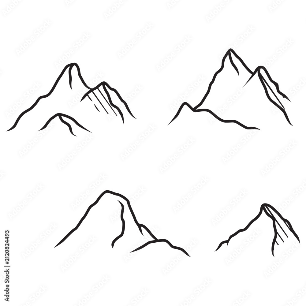 Fototapeta premium Minimalist Mountain Range Line Art Set, Black and White Hand-Drawn Peaks Illustration, Simple Vector Graphic Elements for Adventure Branding and Outdoor Design Projects