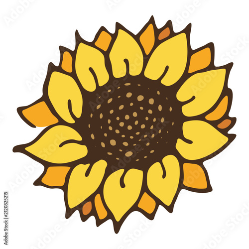 Hand-drawn sunflower illustration with vibrant yellow and orange petals, isolated on a clean white background, perfect for botanical design and summer-themed graphic projects.