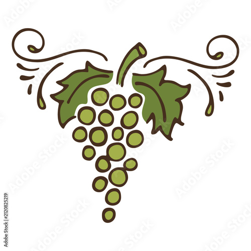 Stylized Green Grape Cluster Illustration with Decorative Flourishes, Minimalist Flat Vector Design in Earthy Tones of Olive Green and Brown on a Clean White Background