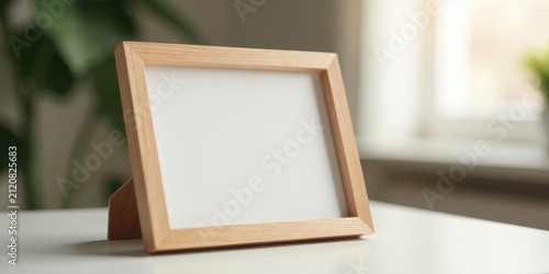 A simple, light oak wood frame sits on a white surface near a window, ready for a cherished memory or inspirational quote.