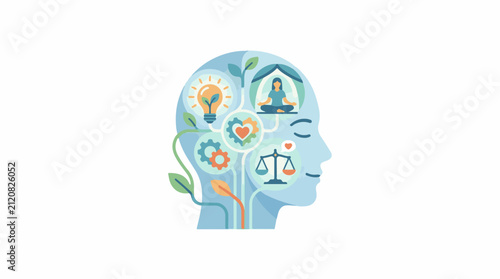 Abstract representation of a person's mind with symbols for balance creativity and well-being