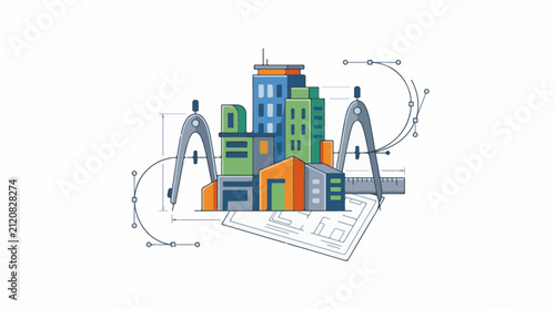 Architectural drawing with compasses ruler and city skyline