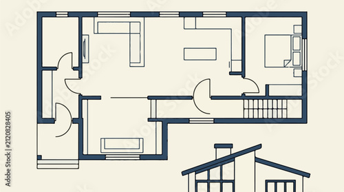 Architectural floor plan with detailed room layouts and exterior view