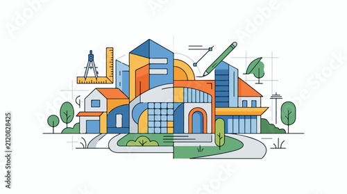 Architectural illustration of buildings and tools green spaces and roads