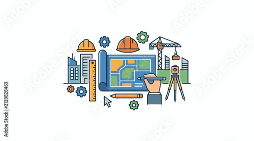 Architectural planning and construction site depicted with tools and elements