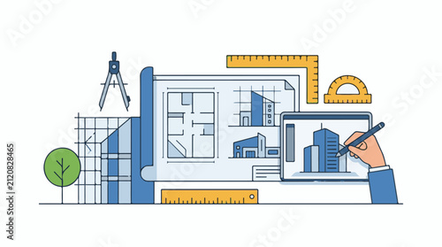 Architectural plans and digital drawing of buildings with tools