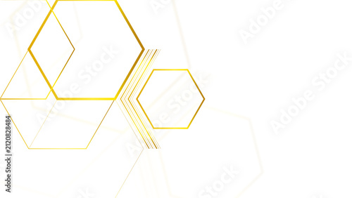 White background with subtle gold line hexagon shapes. Modern gold foil hexagonal frame layout.