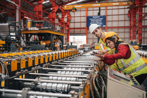 Industrial Technicians Inspecting Steel Manufacturing Process in Factory