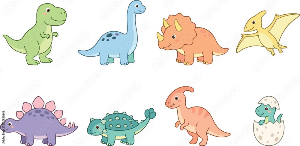 Fototapeta premium Cute Dinosaur Cartoon Vector Set with T-Rex, Triceratops, Stegosaurus, Pterodactyl, and Baby Hatchlings