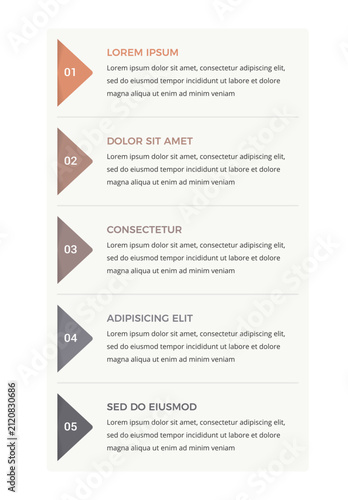 Infographic template with five numbered arrow shaped element stacked vertically alongside text blocks