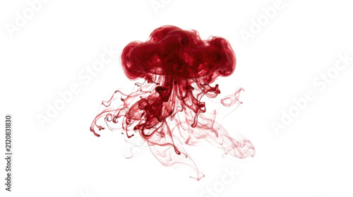 Red ink diffusion in water, abstract red cloud and tendrils forming, isolated on transparent background.