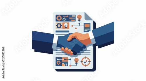Business handshake over a contract with gears lights and compass