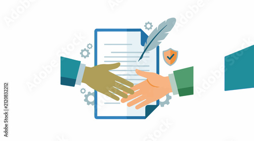 Business handshake over document with feather quill shield and gears